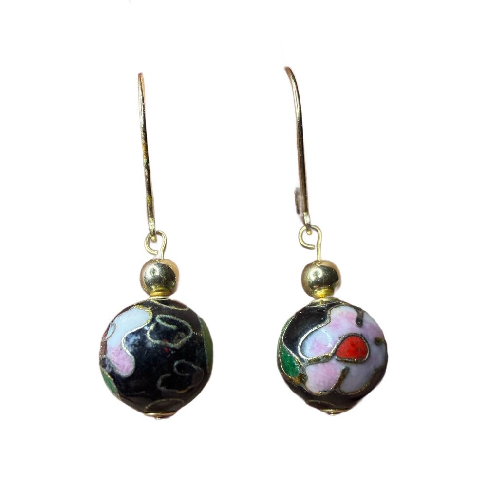 Vintage Solid 14K Gold Cloisonné Floral Dangle Leverback Earrings marked ZZ .585